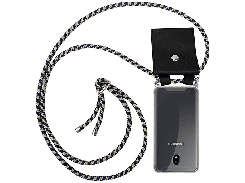 CADORABO Handy Kette mit Silber Ringen, Kordel Band und abnehmbarer Hülle, Backcover, Samsung, Galaxy J7 2017, DUNKELBLAU GELB