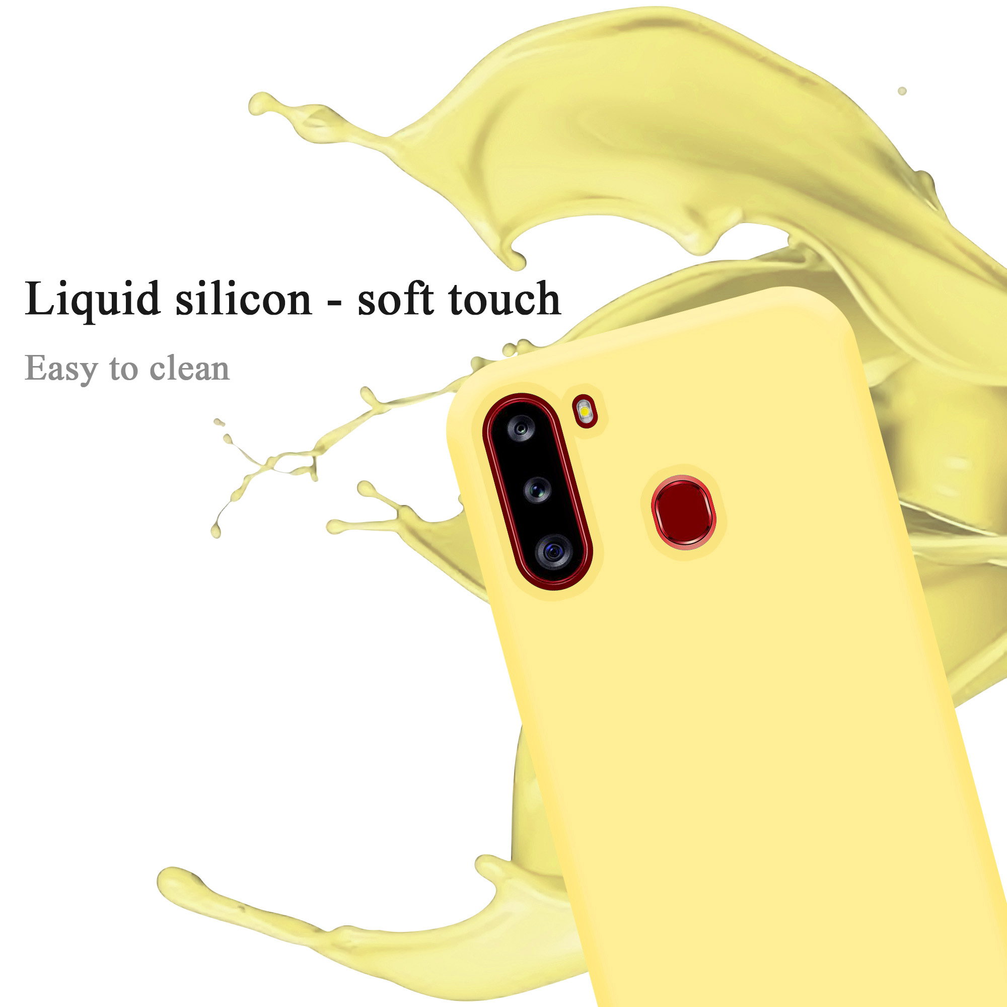 Nahaufnahme einer gelben Telefonhülle. Text: flüssiges Silikon, weiche Haptik, leicht zu reinigen.