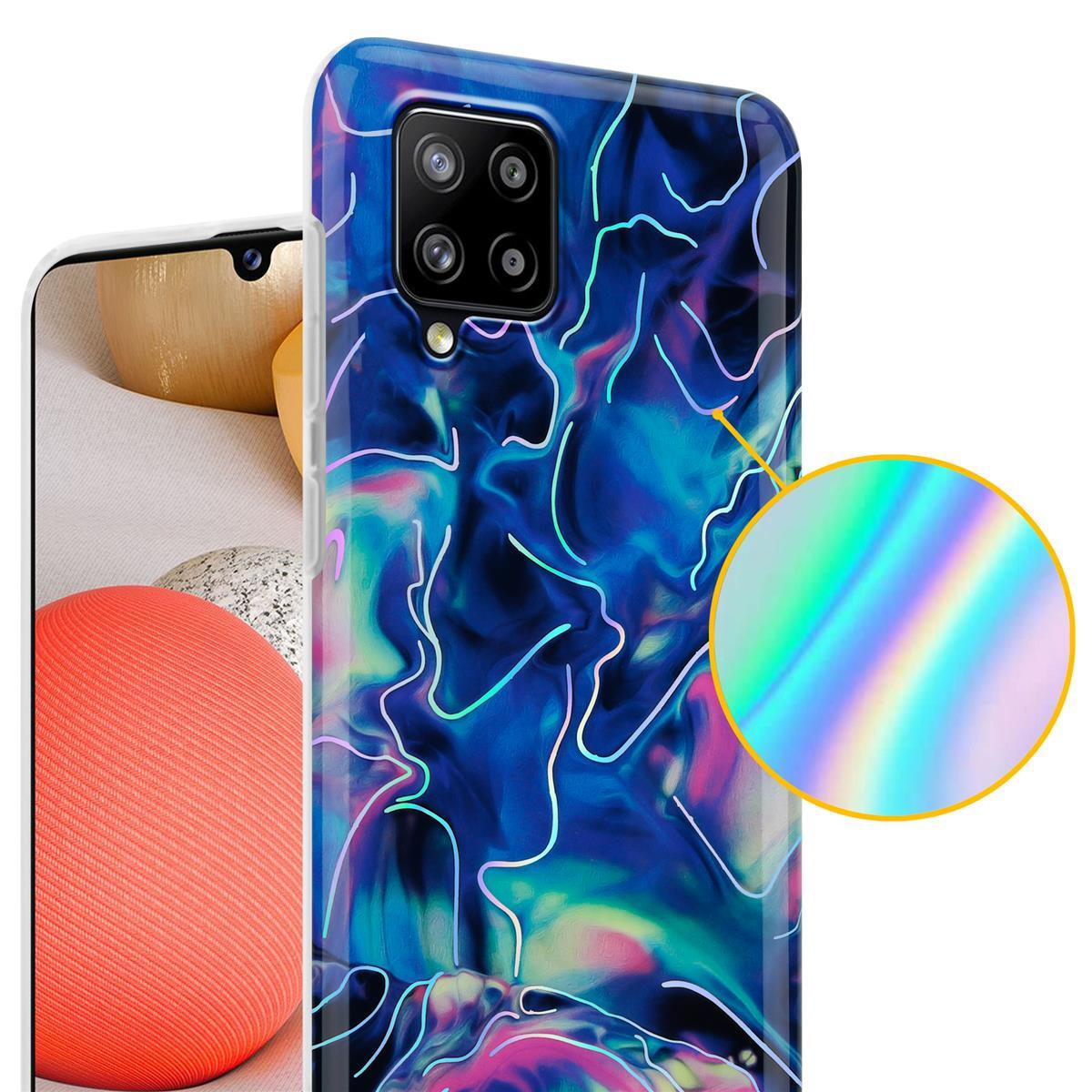 Custodia per telefono con design astratto blu, bianco e viola, primo piano di un effetto olografico.