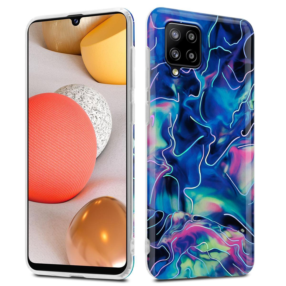 Custodia per telefono con un design astratto blu, verde e rosa. Il telefono è su una superficie bianca con sfere.