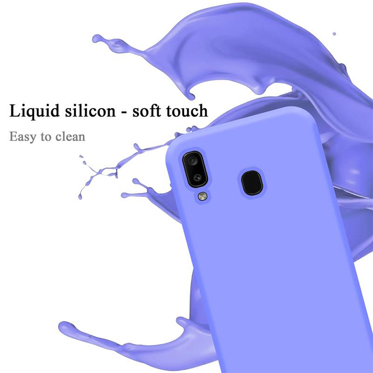 Handyhülle mit einem Spritzer lila Flüssigkeit. Text: 'Flüssiges Silikon - Soft-Touch', 'Leicht zu reinigen'.