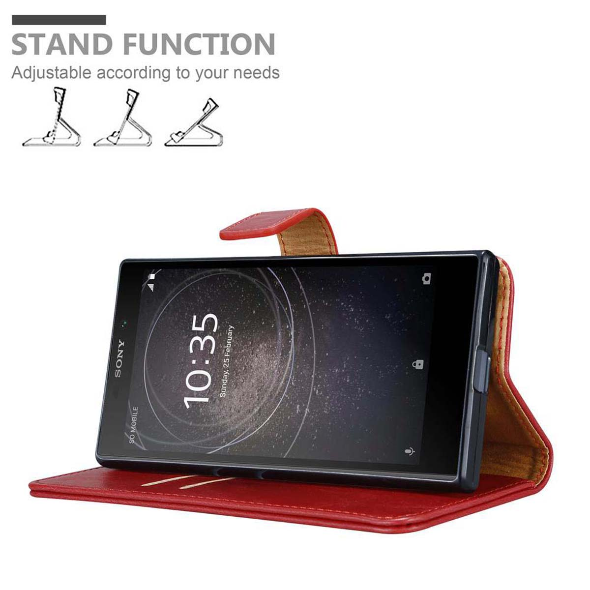 Rote Handyhülle mit Telefon. Das Telefon zeigt 10:35. Die Hülle befindet sich in einer Standposition.