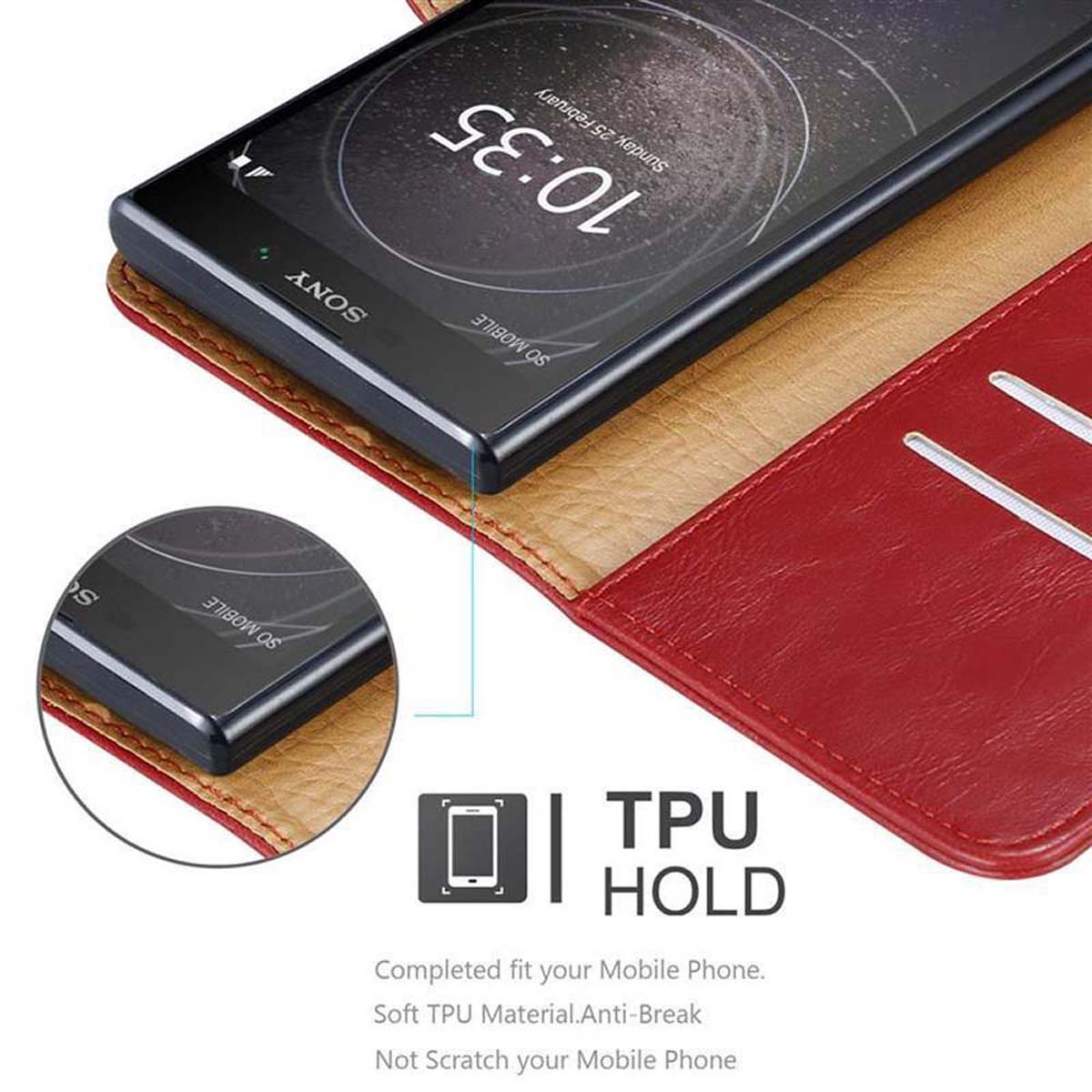 Telefon in roter Lederhülle, mit TPU-Haltedetail. Zeigt das Telefon und die offene Hülle.