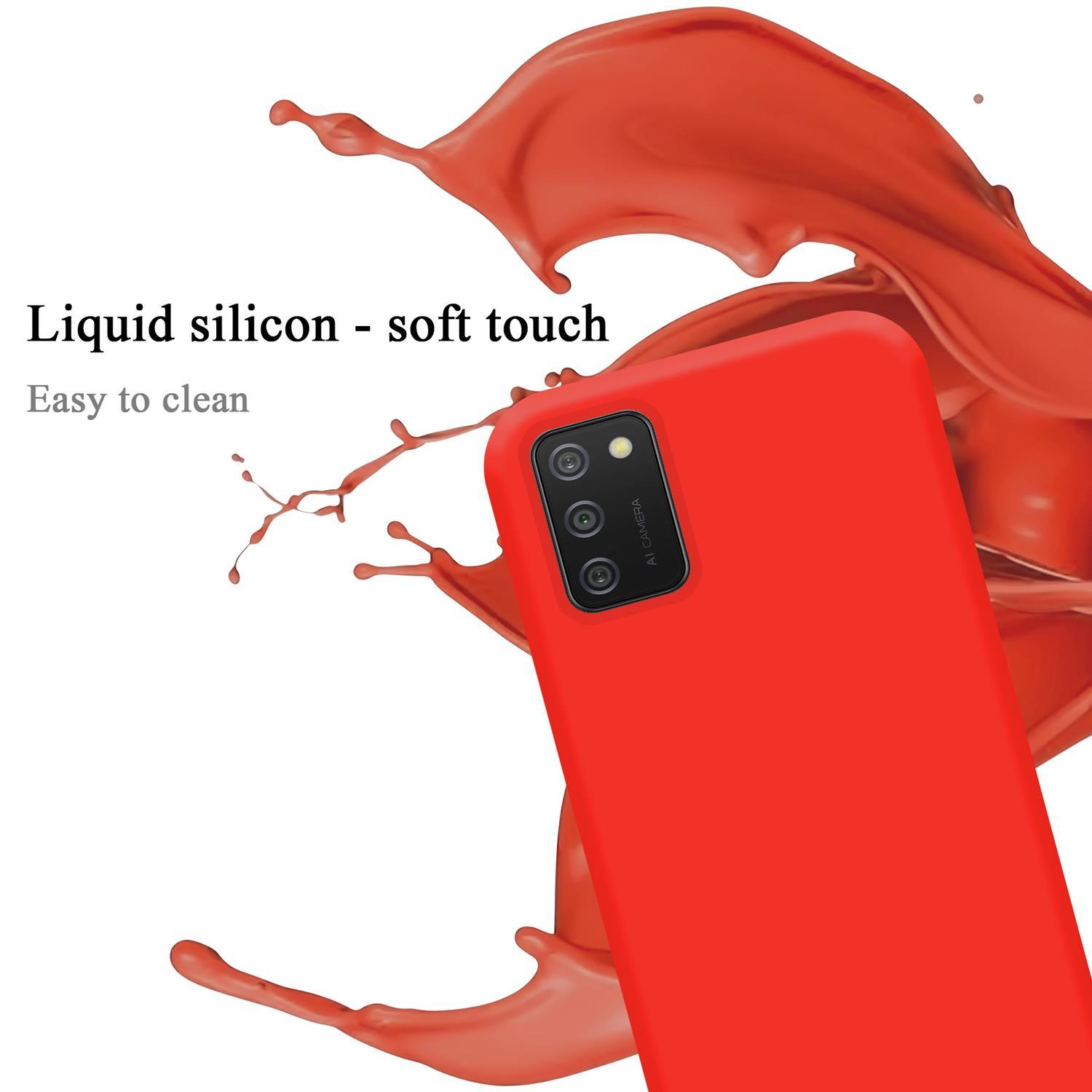 Custodia rossa con telefono. Spruzzo rosso sullo sfondo. Testo: Silicone liquido.