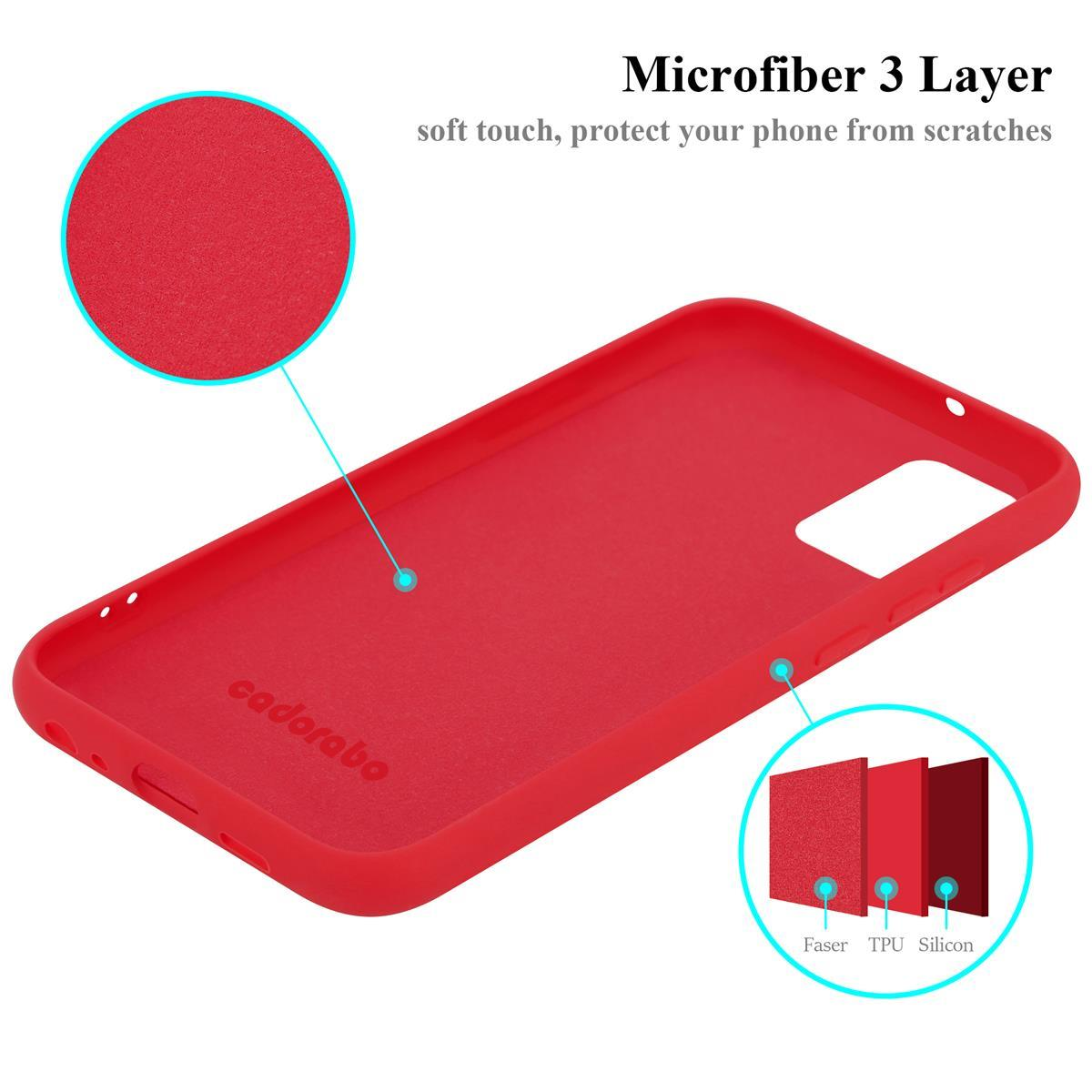 Custodia per telefono rossa, con strati di materiali e la parola cadarabo scritta sopra.
