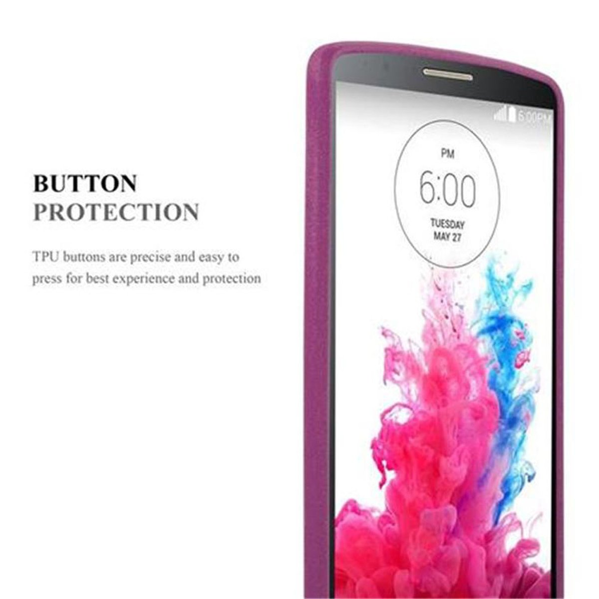 Un telefono con custodia rosa mostra uno sfondo colorato, con testo: 'BUTTON PROTECTION'. L'ora è 18:00, martedì 27 maggio.