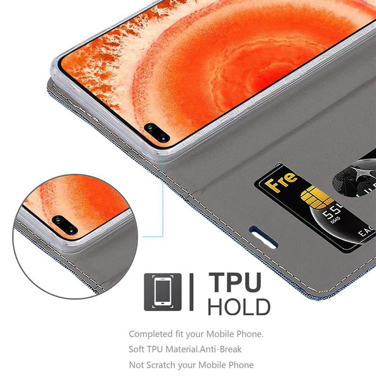 Custodia grigia per telefono con fessura per carte. Primo piano dello schermo e testo TPU HOLD.