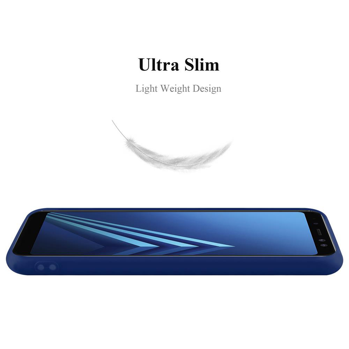 Blaue Handyhülle und eine Feder. Text: Ultra Slim, Light Weight Design.