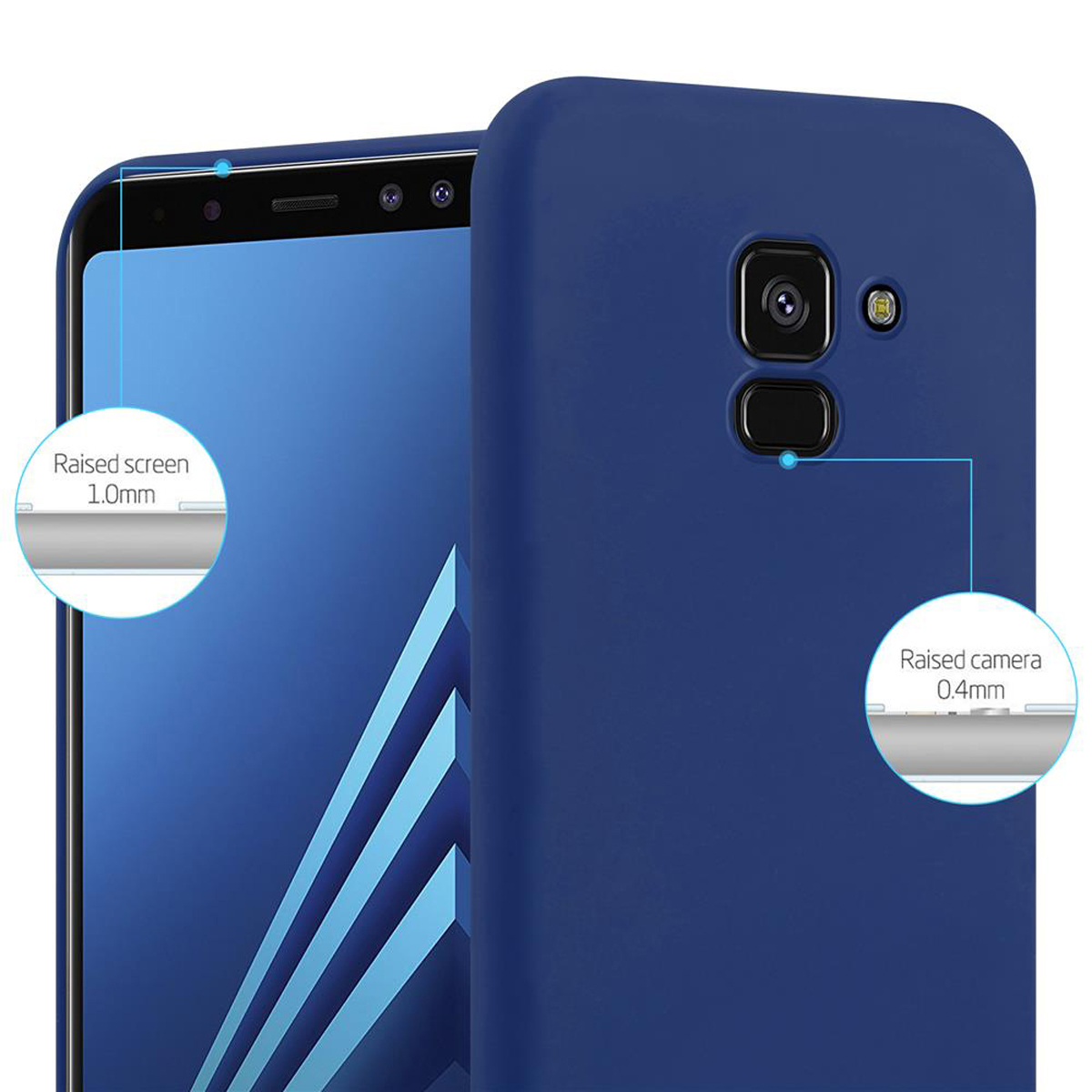Blaue Handyhülle mit sichtbarem Telefon. Erhöhte Bildschirm-/Kamera-Details.