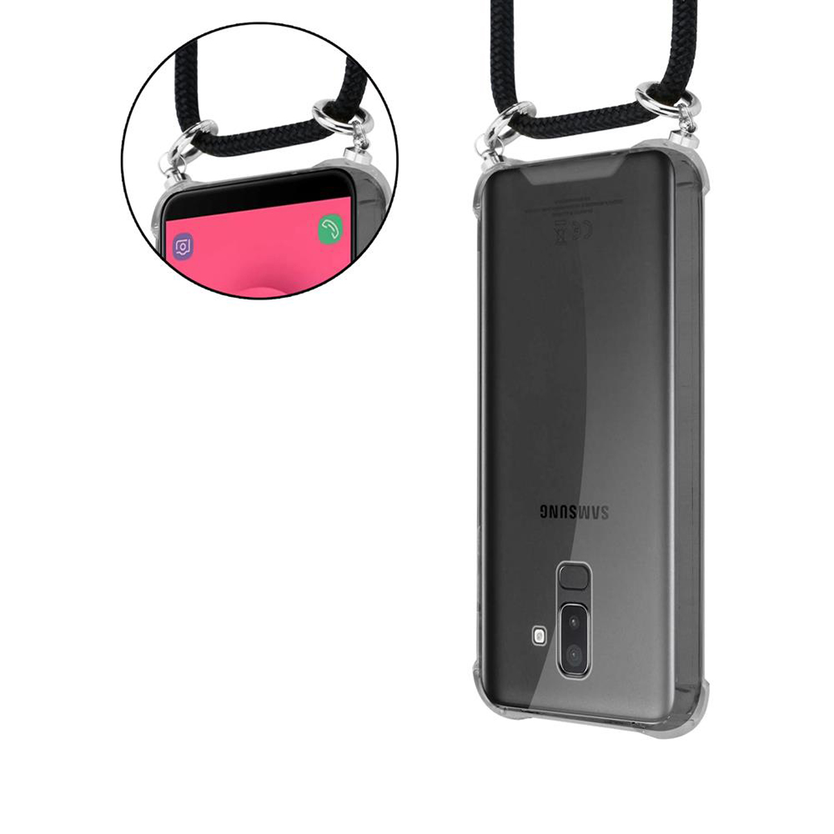 Ein Telefon mit Umhängeband. Die Rückseite des Telefons ist sichtbar. Schwarzes Umhängeband.