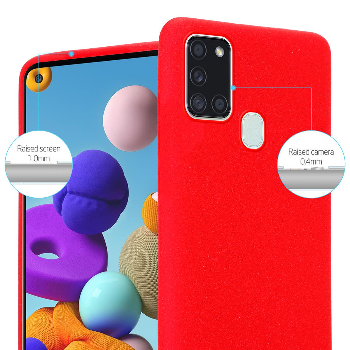 Custodia per telefono rossa che mostra schermo e fotocamera rialzati. Due cerchi con misure.