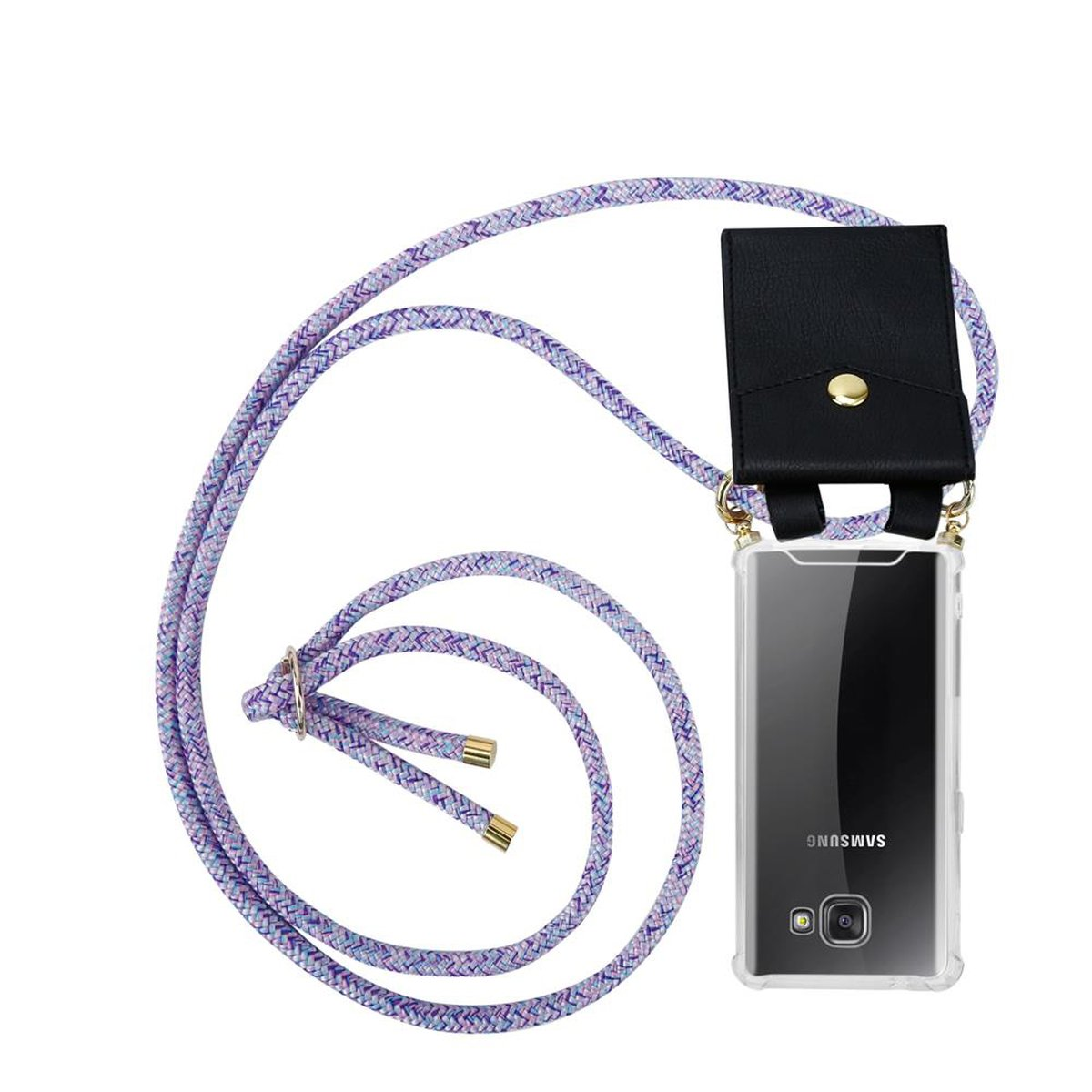 Funda transparente con funda de cuero negro y un cordón de cuerda morado, gris y blanco con accesorios dorados.