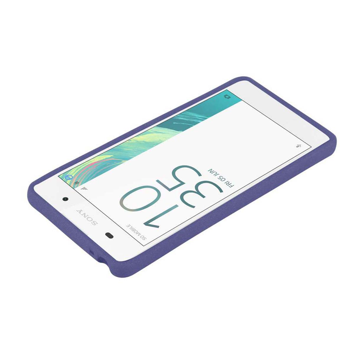 Teléfono en una funda morada, mostrando la hora en la pantalla y tiene un logo de Sony.