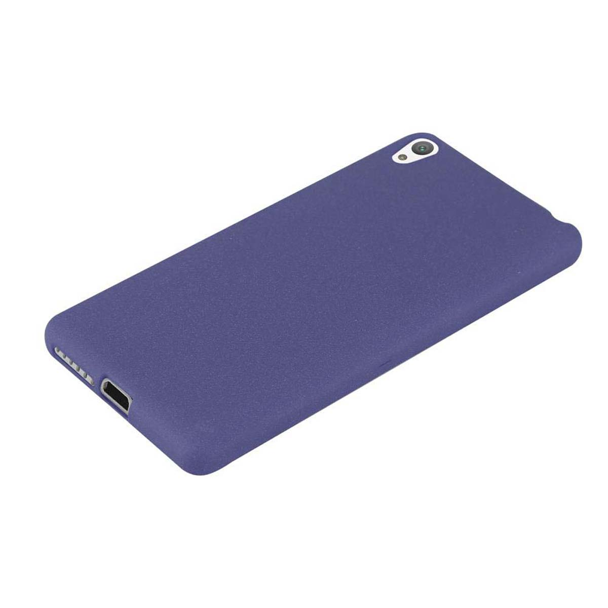 Funda de teléfono morada. Es rectangular con esquinas redondeadas y un agujero para la cámara.