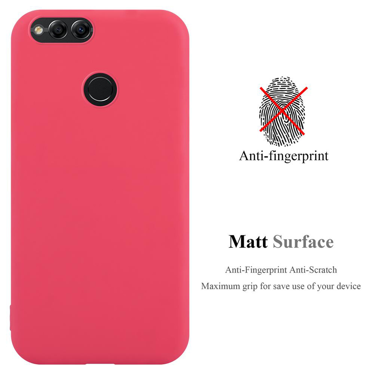 Una custodia per telefono rosa con superficie opaca e affermazione anti-impronte. Viene mostrata un'impronta digitale con una croce.