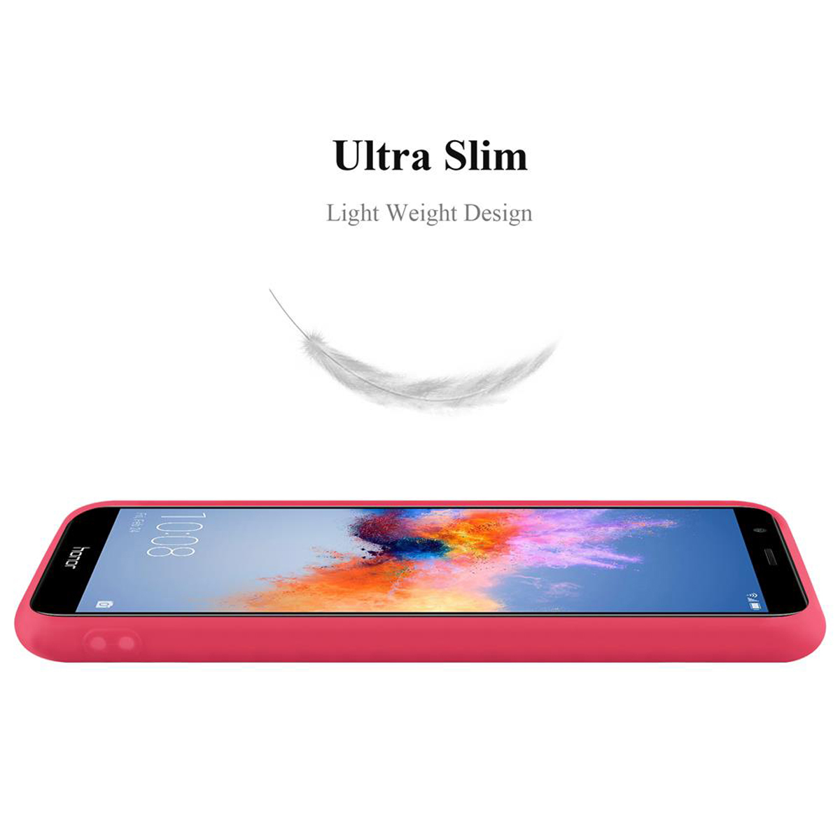 Custodia rossa per telefono, design leggero, con una grafica di piuma bianca.