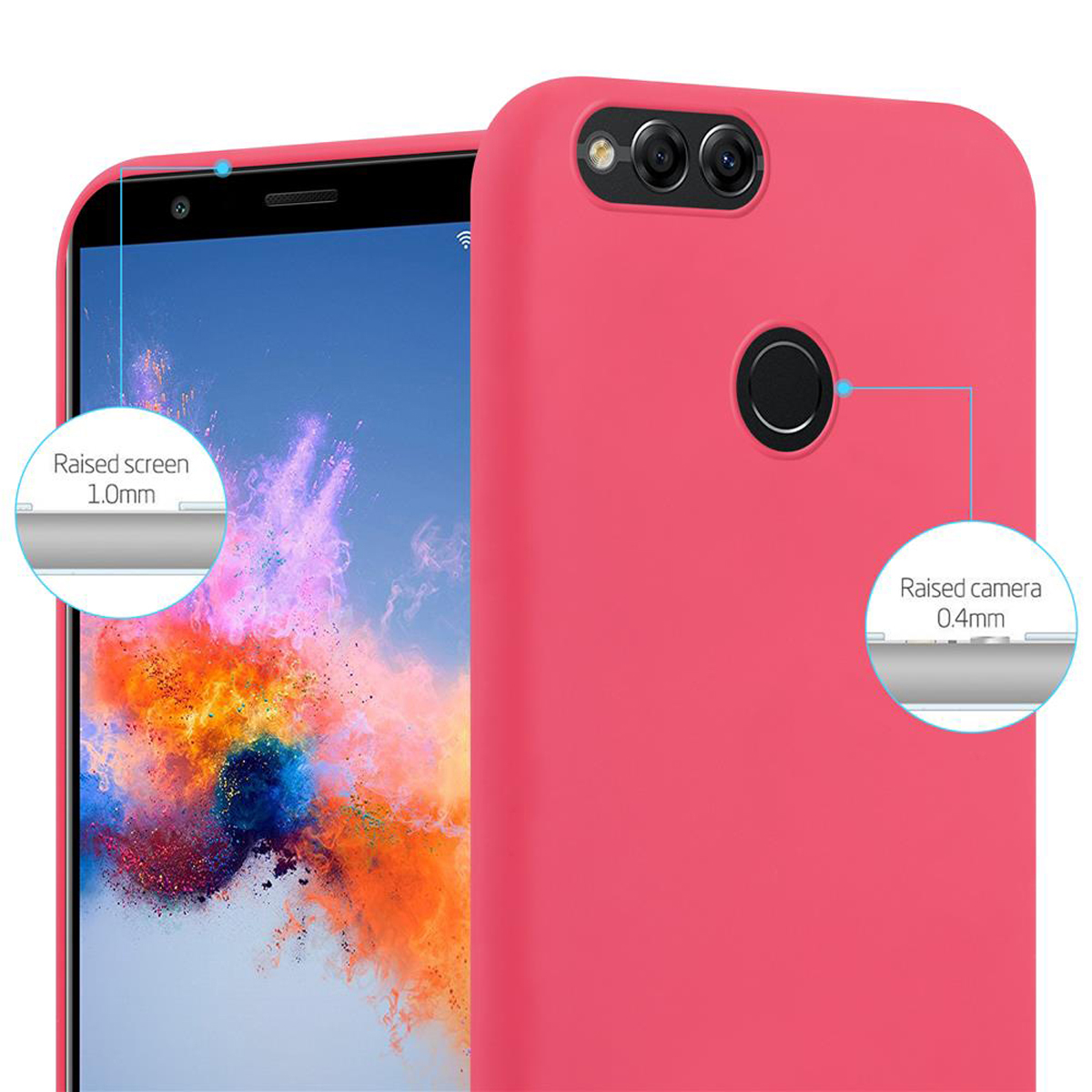 Primo piano di un telefono con custodia rossa. Frecce indicano schermo e fotocamera rialzati.