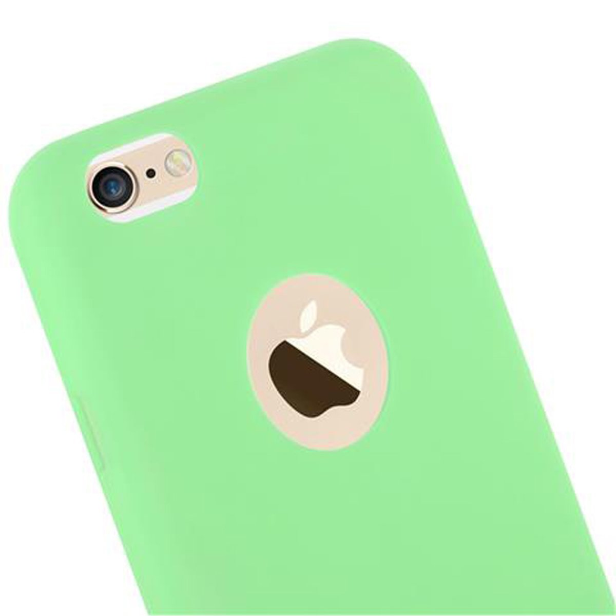 Eine grüne Handyhülle mit weißem Apple-Logo auf weißem Hintergrund.