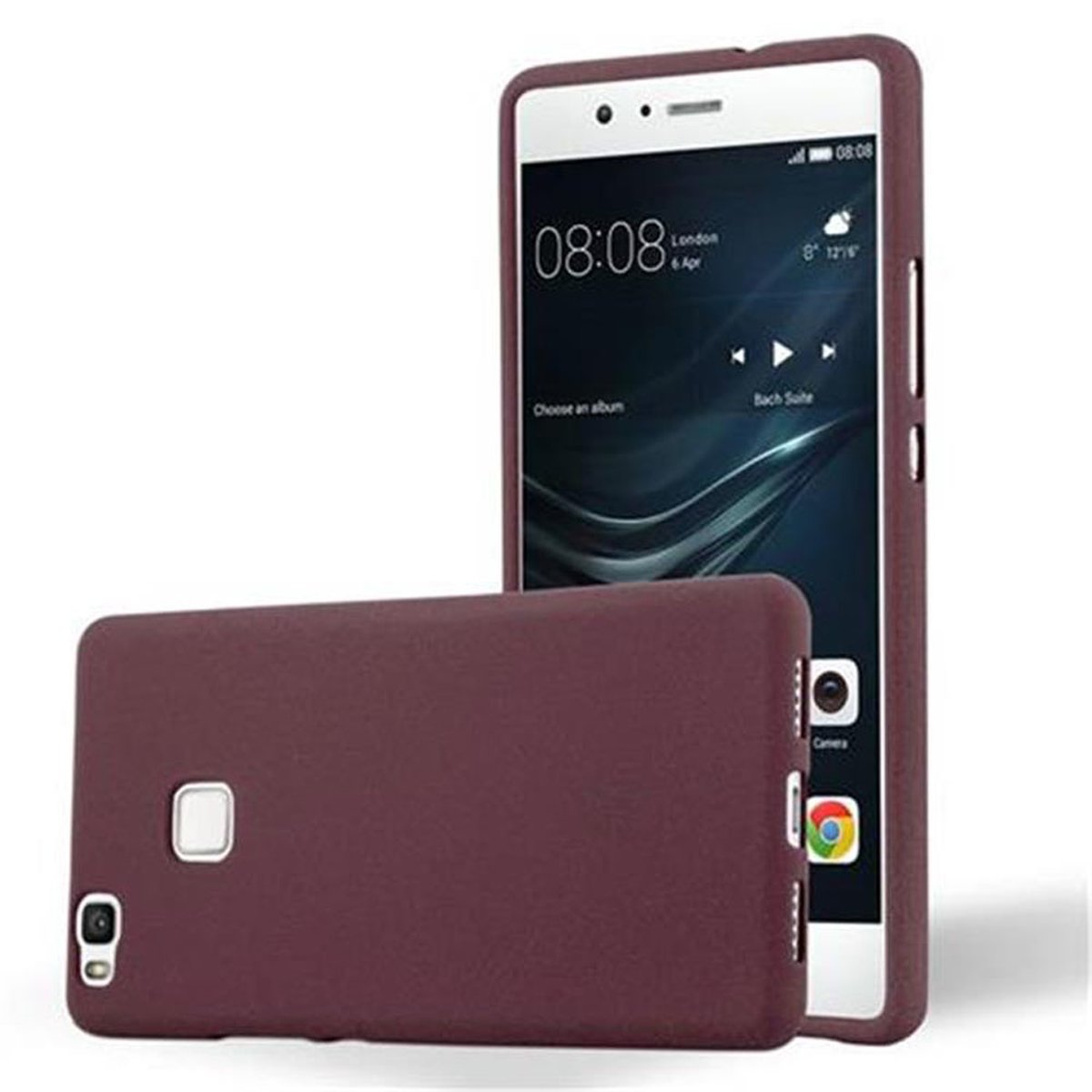 Un teléfono de pie, con una funda a su lado. El teléfono está encendido, con la hora mostrada. La funda es de color rojo oscuro.