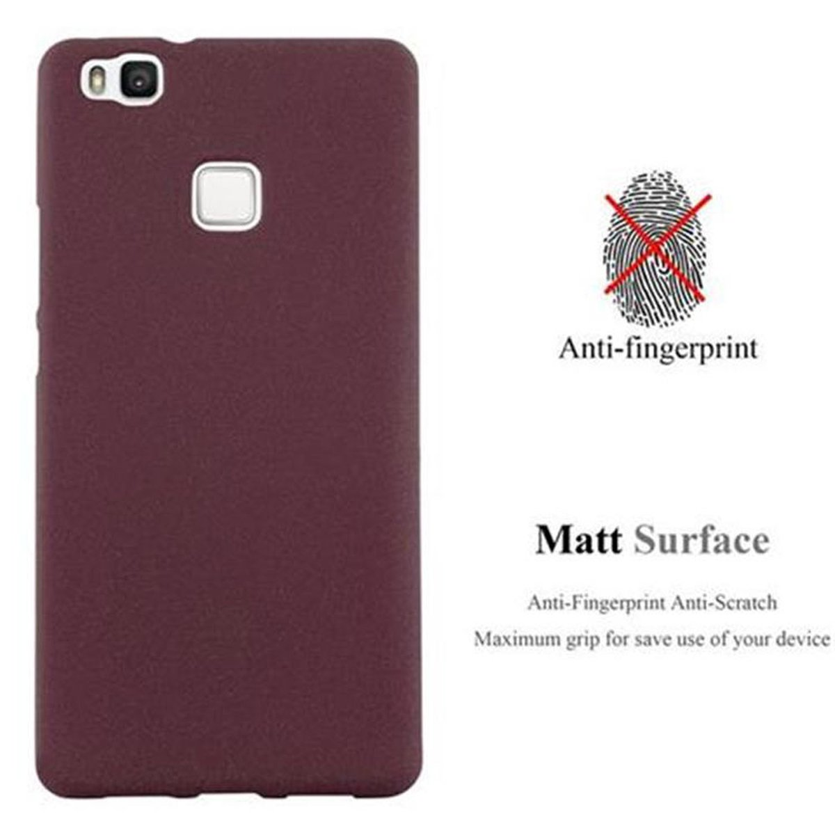 Funda morada para teléfono con texto 'Anti-fingerprint' e icono de huella dactilar. Texto 'Matt Surface'.