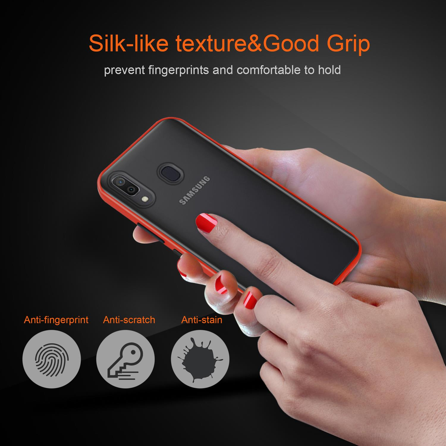 Eine rot-schwarze Handyhülle wird gehalten, mit Texten wie 'Anti-Fingerprint', 'Anti-Scratch' & 'Anti-Stain'.