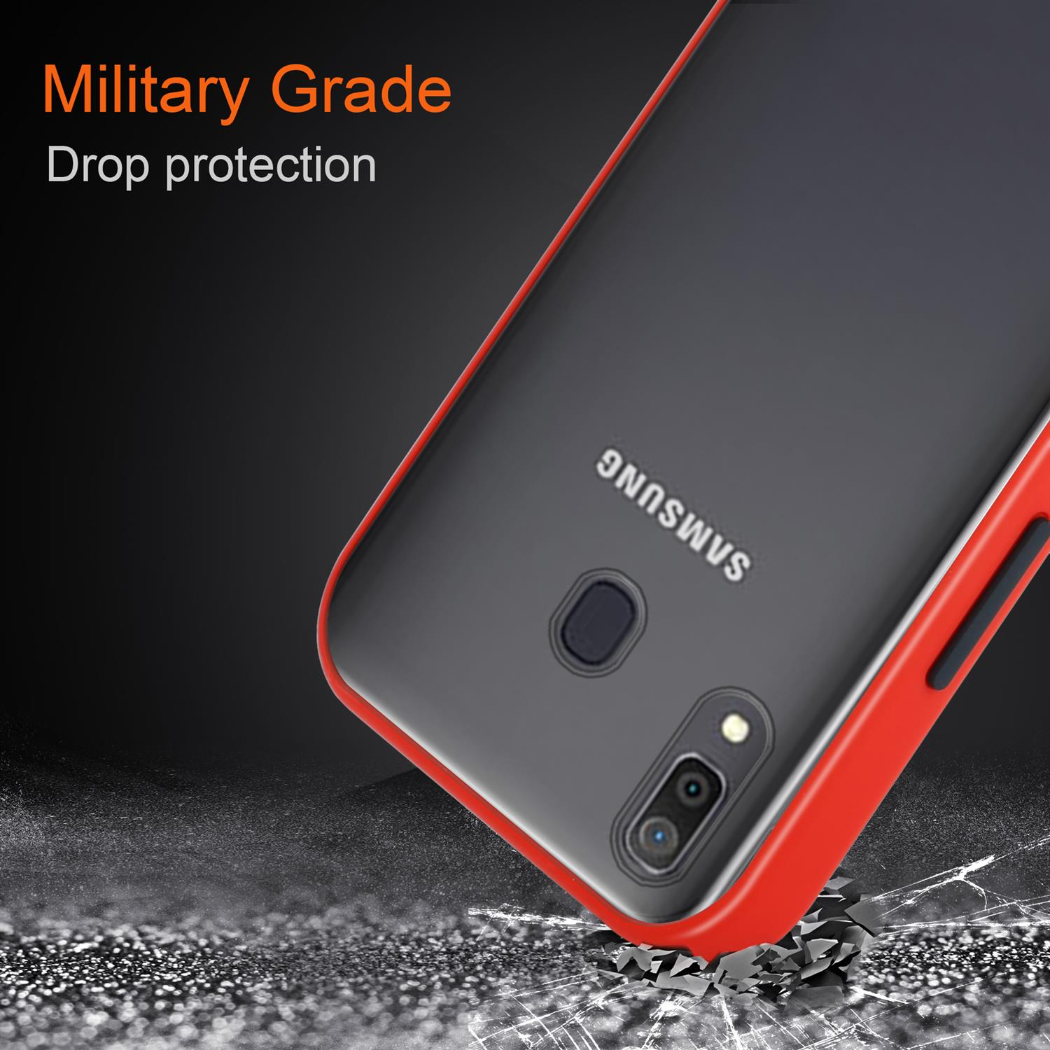 Handyhülle mit rotem Rand. Text auf dem Hintergrund lautet 'Military Grade Drop protection'.