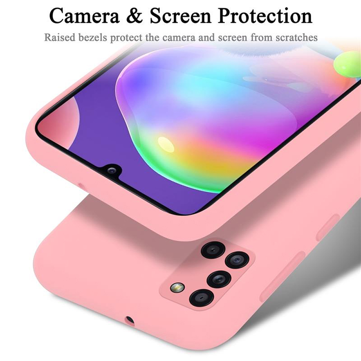 Custodia rosa con telefono all'interno. Le cornici rialzate proteggono la fotocamera e lo schermo dai graffi.