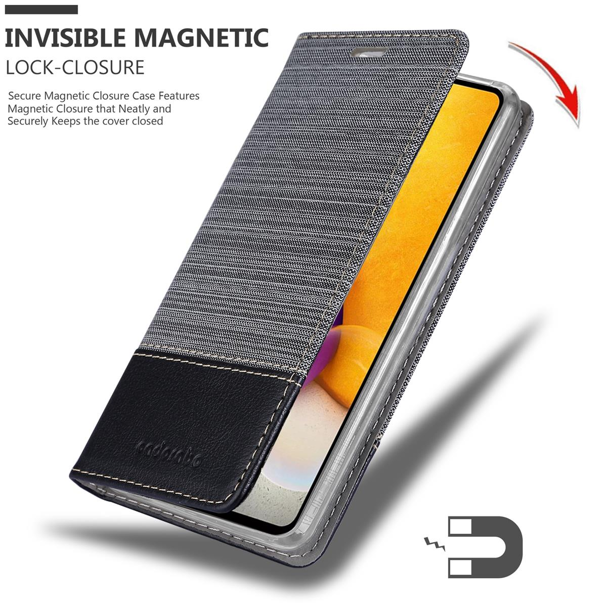Eine Handyhülle wird geöffnet, um ein Telefon im Inneren zu zeigen. Die Hülle ist grau und schwarz mit Magnetverschluss.