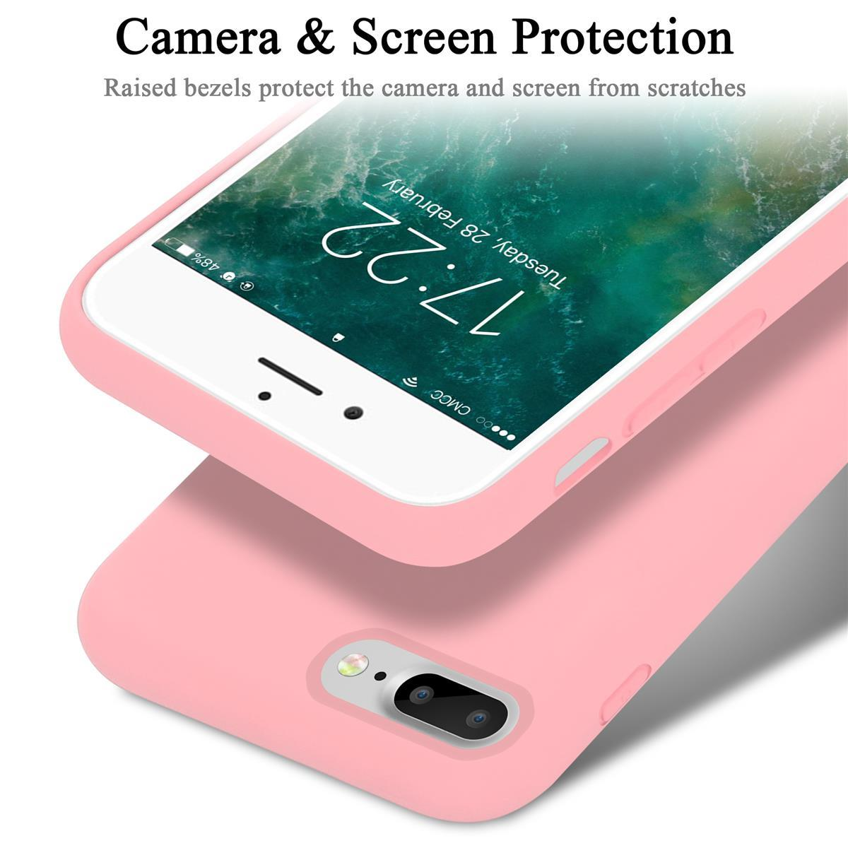 Custodia rosa che protegge un telefono. Mostra l'ora sullo schermo. Testo: Protezione fotocamera e schermo.