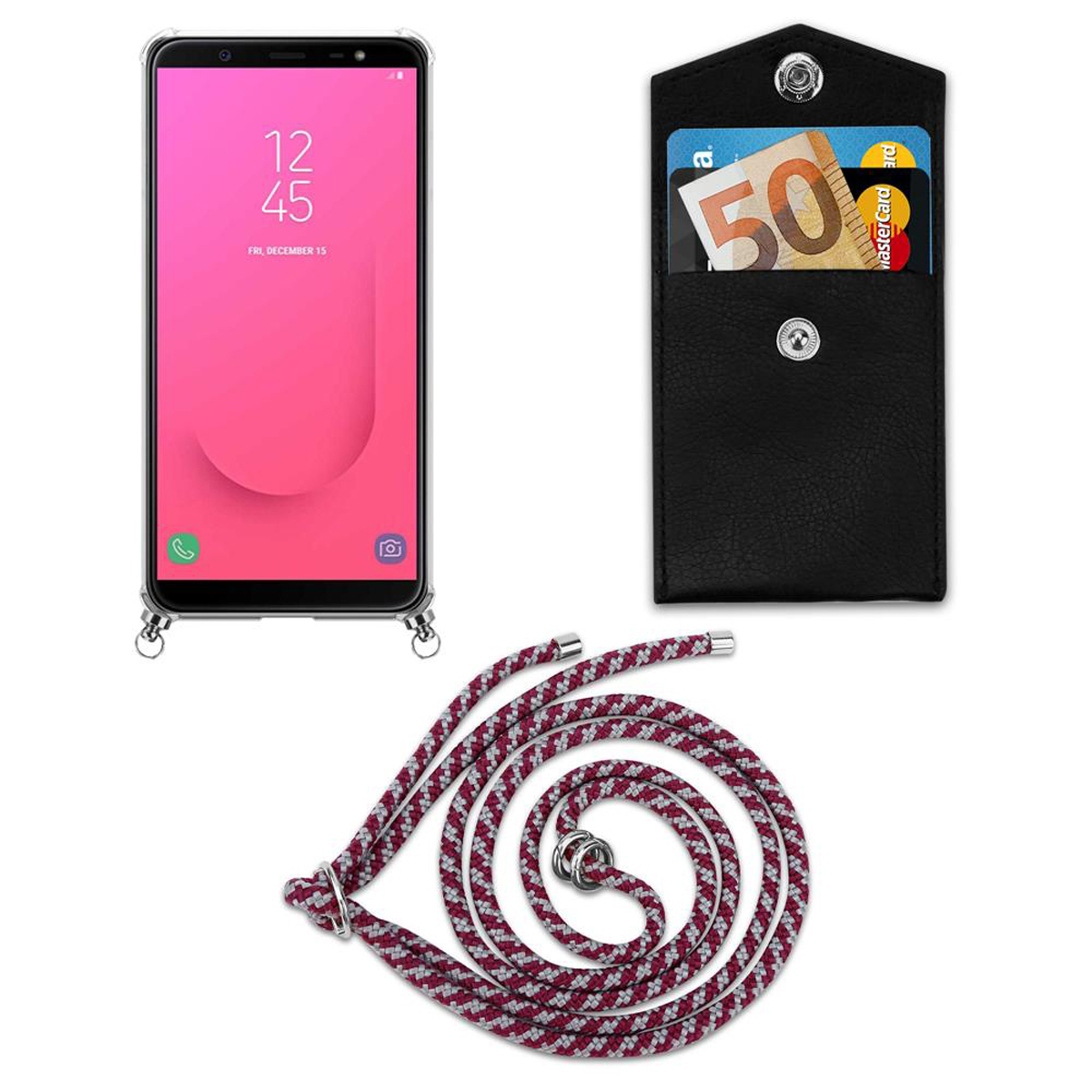 Ein Telefon, eine schwarze Leder-Handyhülle mit Karten und ein rot-weißes Schlüsselband.