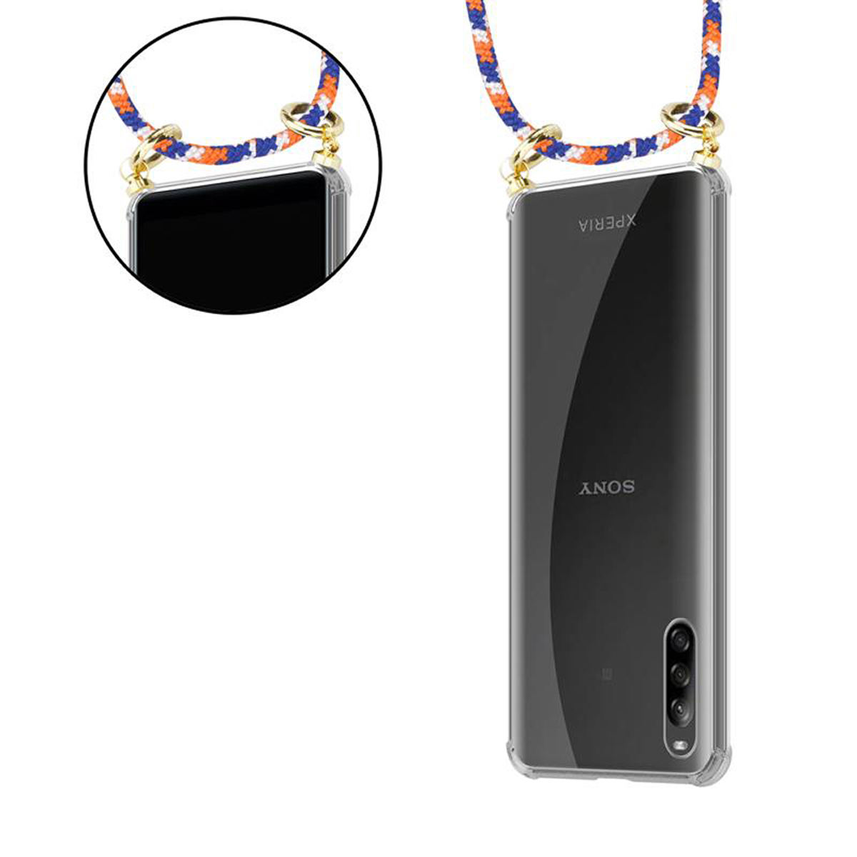 Una custodia trasparente per telefono con un cordino colorato, che mostra la parte posteriore del telefono.