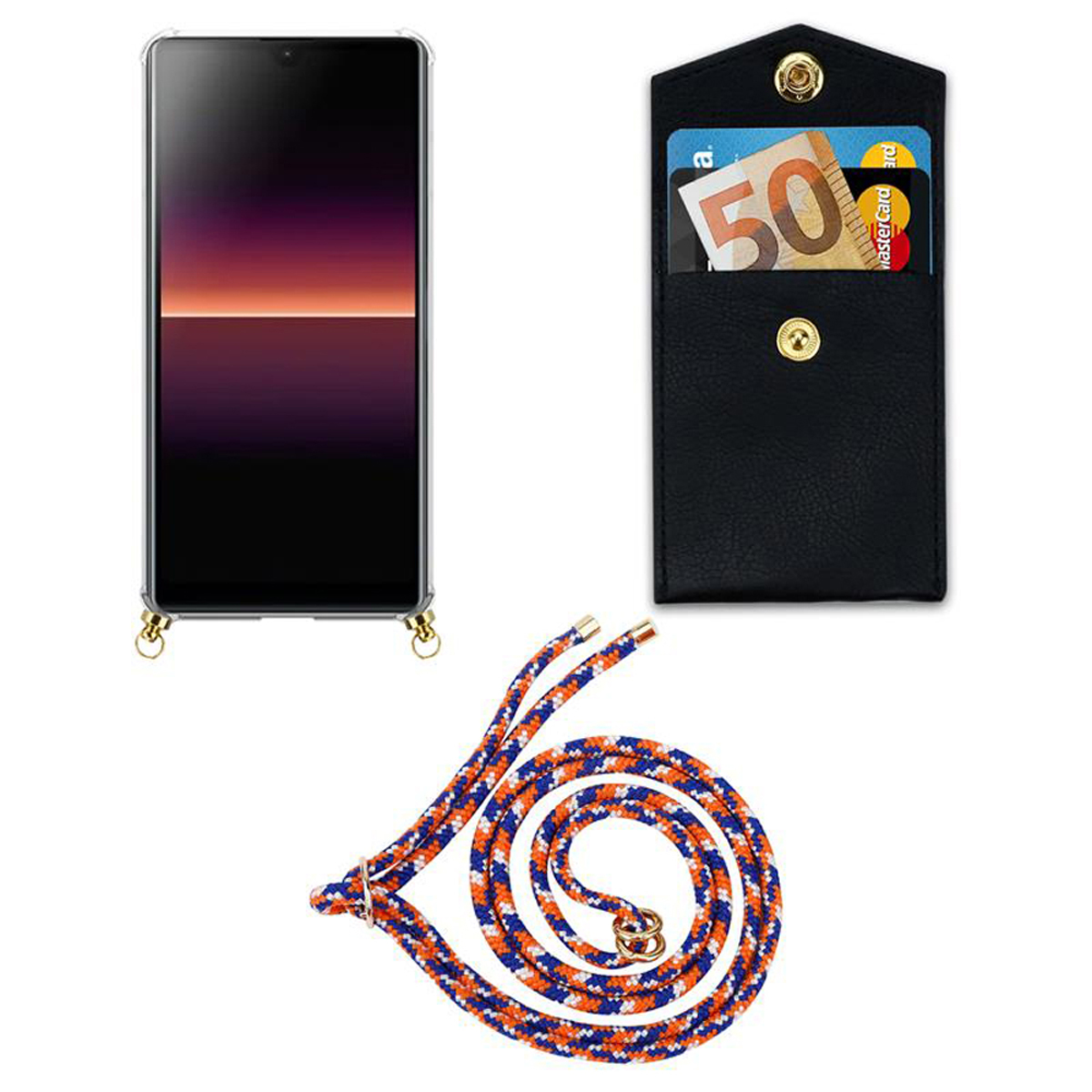 Telefono con custodia, portafoglio nero con soldi e carte e un cordino blu e arancione. Sfondo bianco.