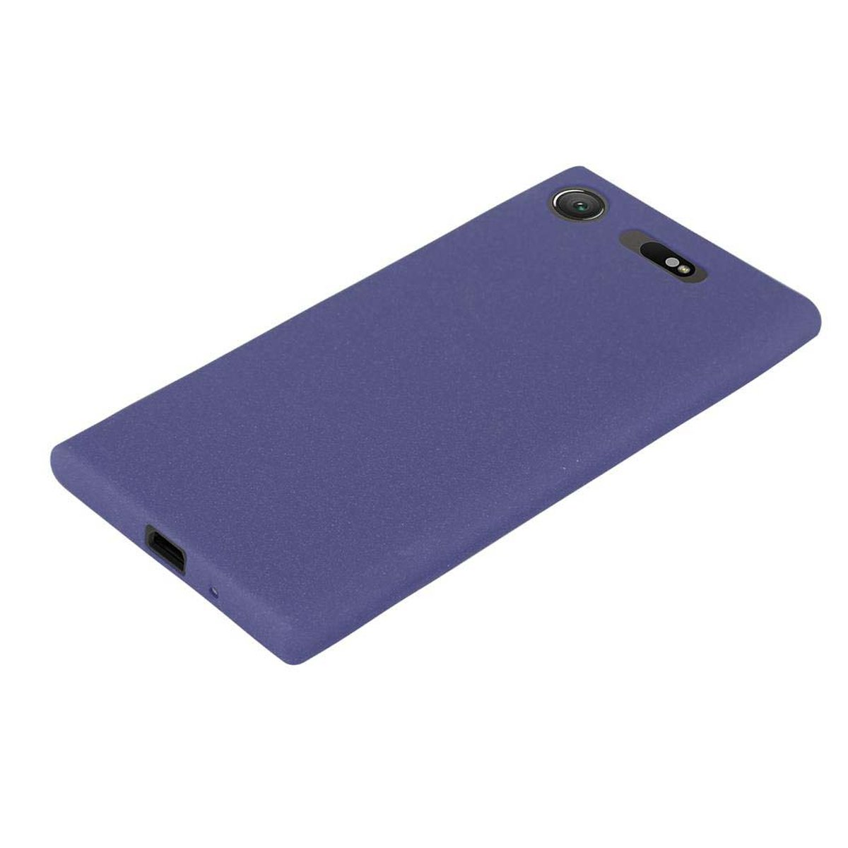 Una custodia per telefono viola con obiettivo della fotocamera, mostrata su una superficie bianca.