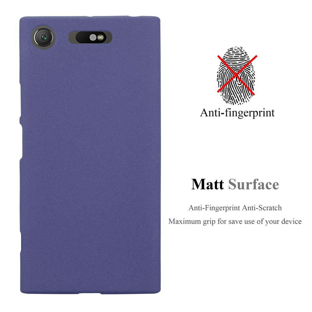 Una custodia per telefono è viola con le parole anti-impronte e superficie opaca.