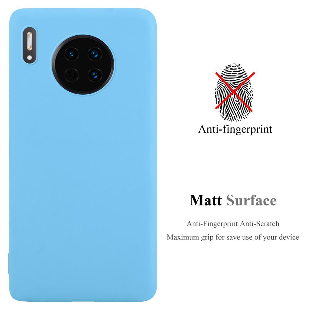 Custodia blu chiaro con simbolo di impronta digitale sbarrato, superficie opaca.