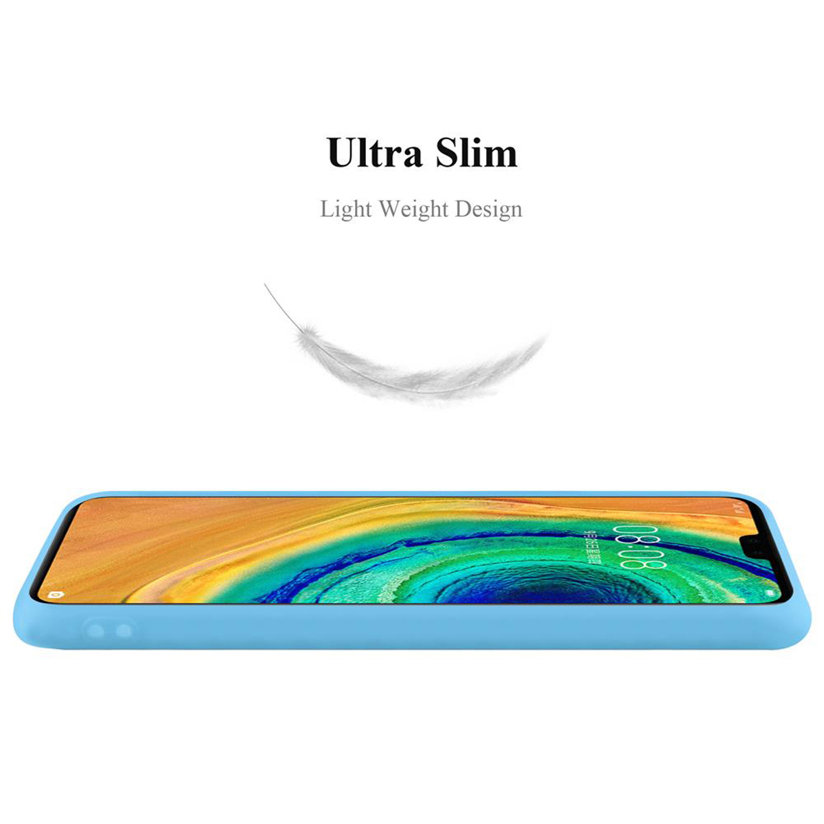 Telefono blu su sfondo bianco. Testo 'Ultra Slim' e grafica di una piuma.