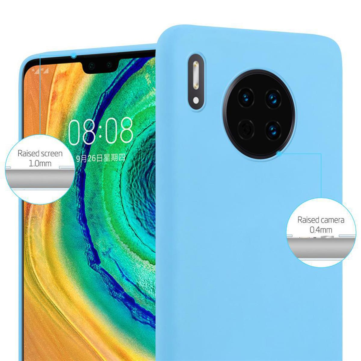 Una custodia per telefono azzurra con un telefono all'interno. L'immagine mostra i dettagli della protezione dello schermo e della fotocamera rialzata.