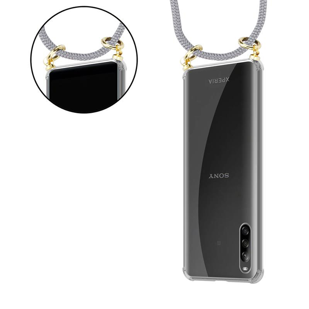 Telefono in custodia trasparente con cordino. Il telefono è nero e ha il logo Sony.