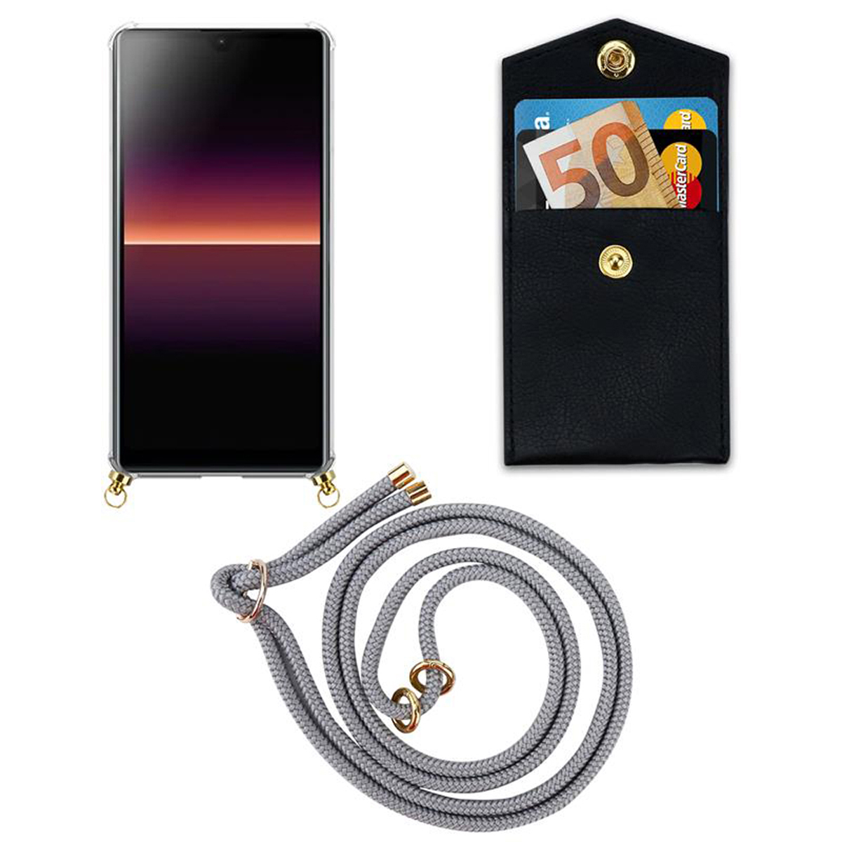 und Sony, CADORABO Hülle, Handy Backcover, mit Kordel SILBER Kette GRAU Xperia Band Gold L4, Ringen, abnehmbarer