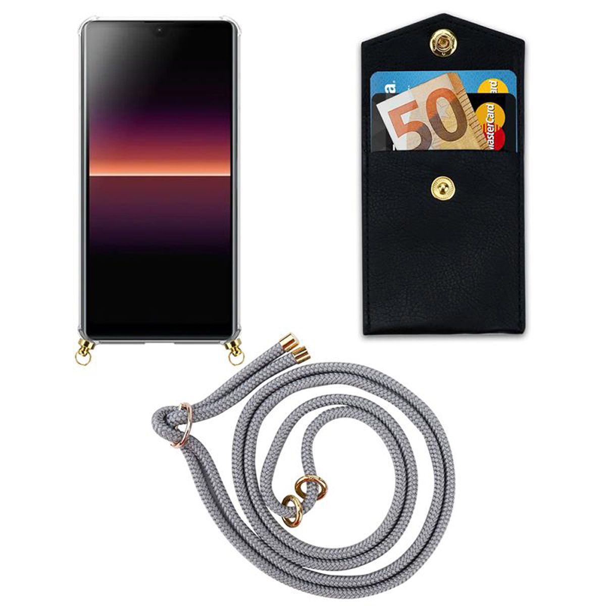 Telefono con custodia trasparente, custodia nera con carte e cinturino grigio per telefono.