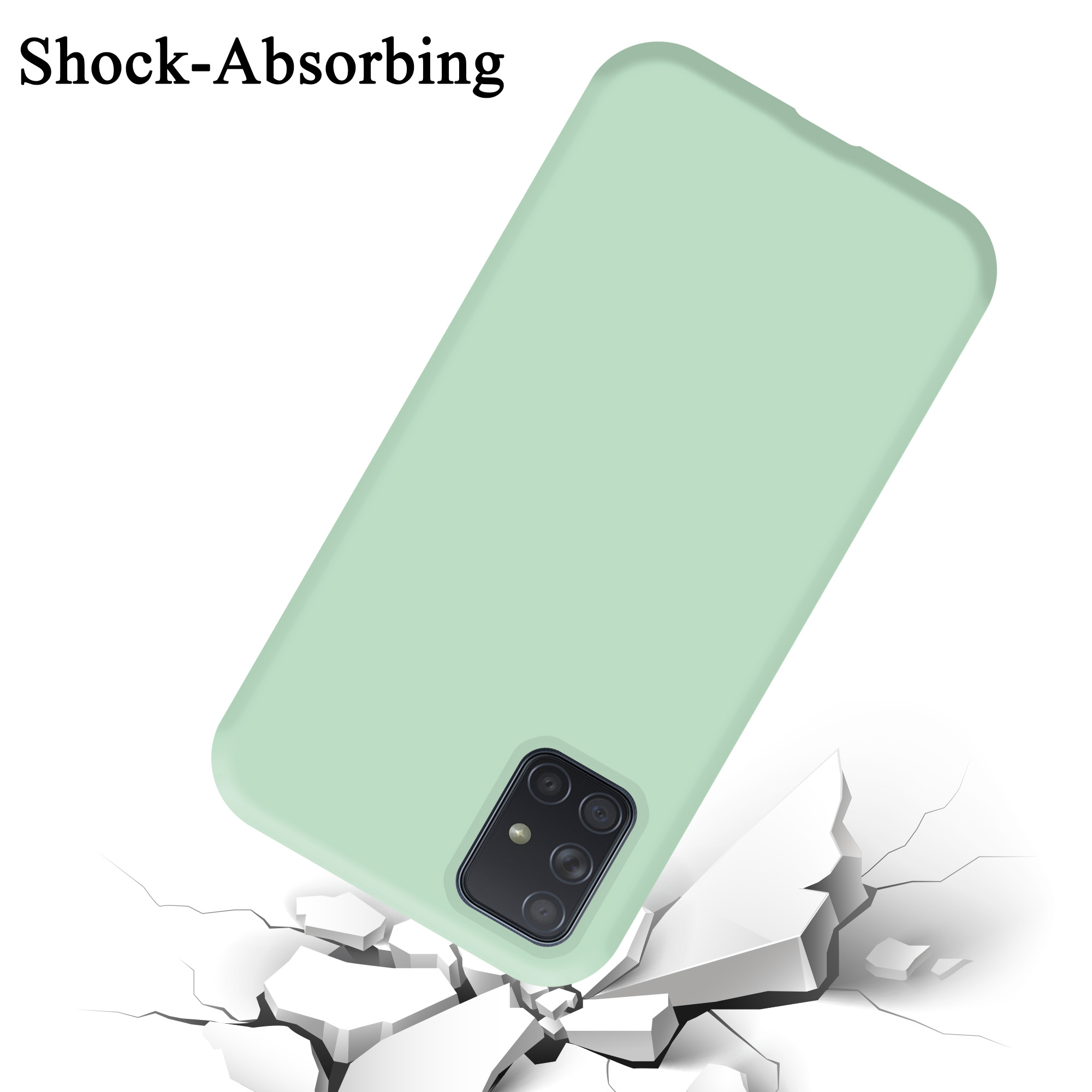 Una custodia per telefono verde chiaro, leggermente inclinata, con la scritta 'Shock-Absorbing' sopra. Crepe bianche sotto.