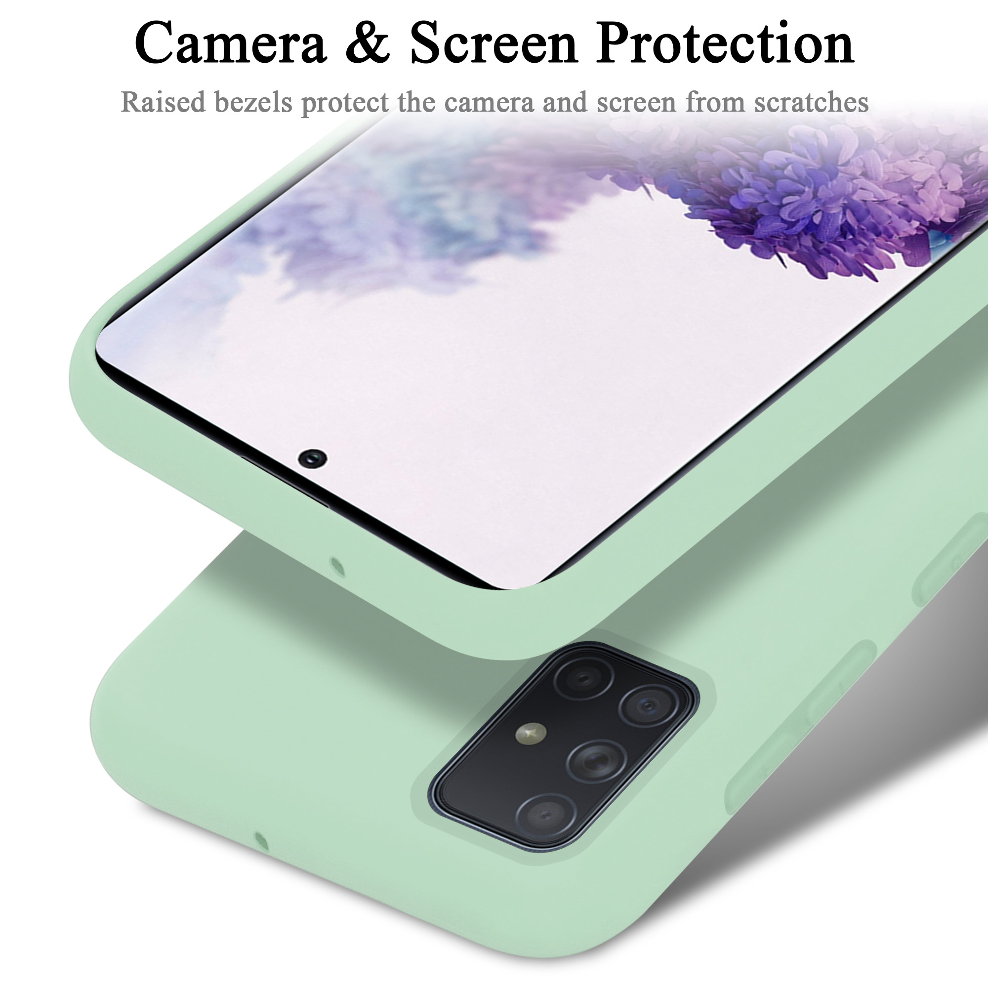 Custodia verde chiaro con telefono. Testo: Protezione fotocamera e schermo.