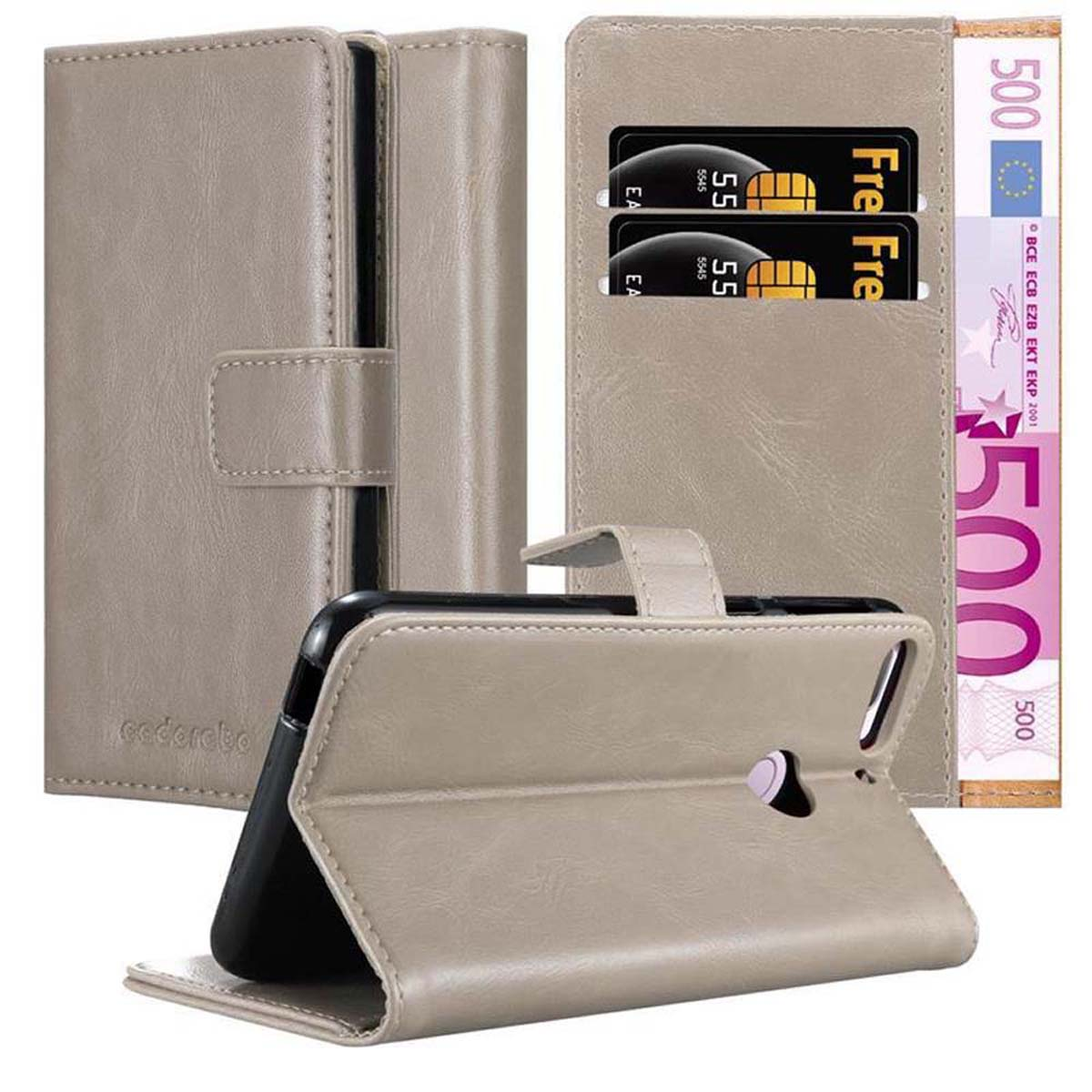 Beige Handygeldbörse offen mit Telefon und Karten. Euro-Scheine sind an der Seite.