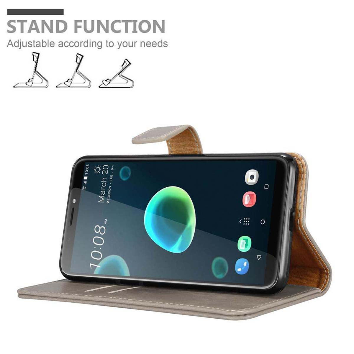 Ein Telefon wird in einer Hülle gezeigt, das einen Bildschirm und die Standfunktion anzeigt.