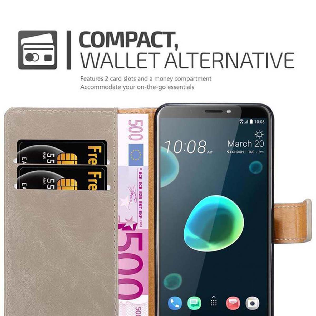 Ein Handycase mit Karten und Geld. Der Bildschirm zeigt die Uhrzeit. Text: 'Kompakte Geldbörsenalternative'.