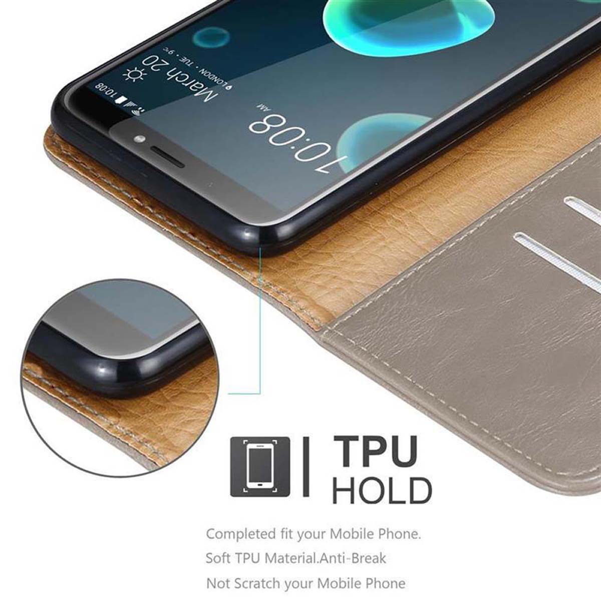 Ein Telefon in einer Hülle. Der Telefonbildschirm zeigt die Uhrzeit und das Datum an. Es gibt eine Nahaufnahme der Hülle.