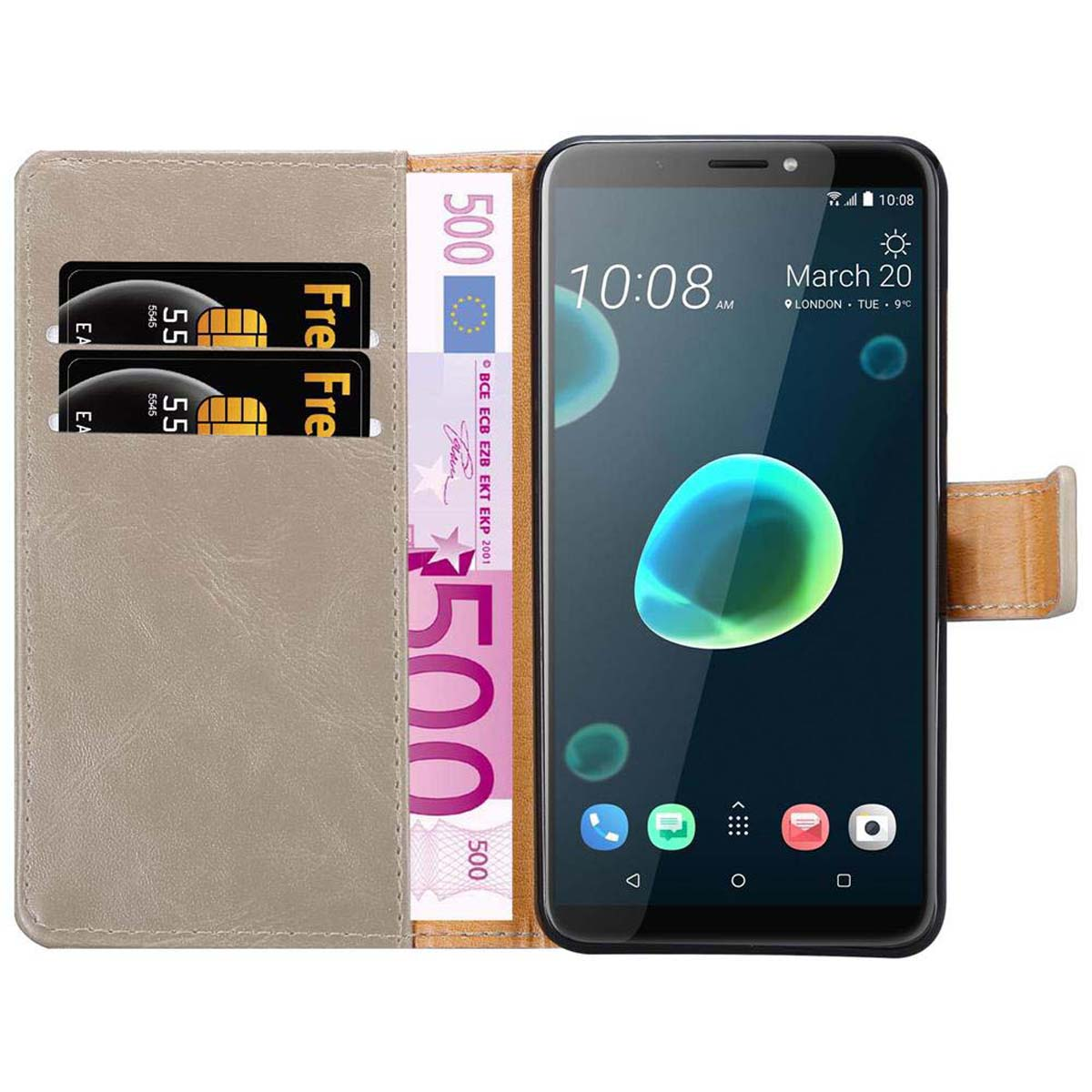 Telefon, offene Geldbörse mit Geld und Karten. Schwarzer Hintergrund.