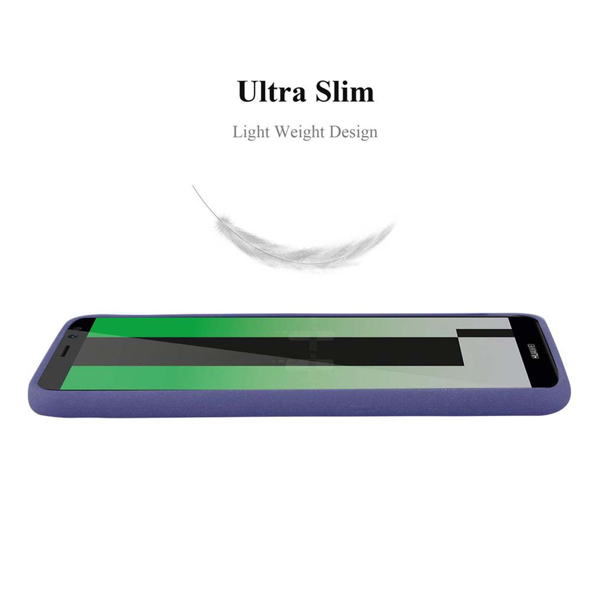 Custodia blu per telefono con piuma, che enfatizza il design leggero. Ultra sottile e leggero.