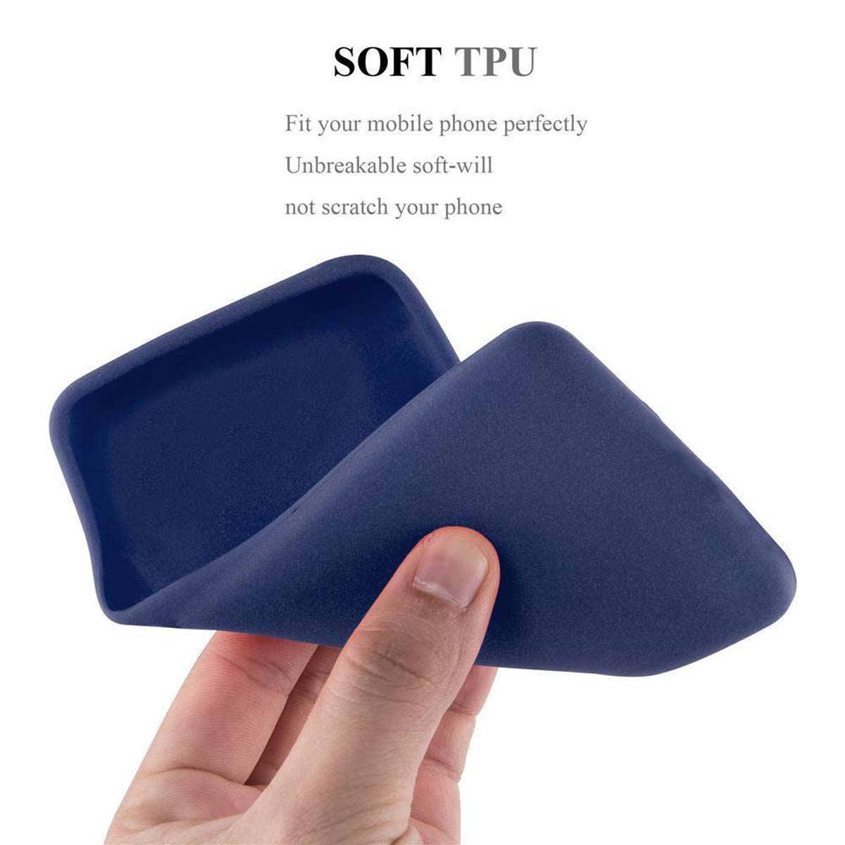 Mano che tiene una custodia per telefono blu scuro. Testo 'Soft TPU' e descrizione.