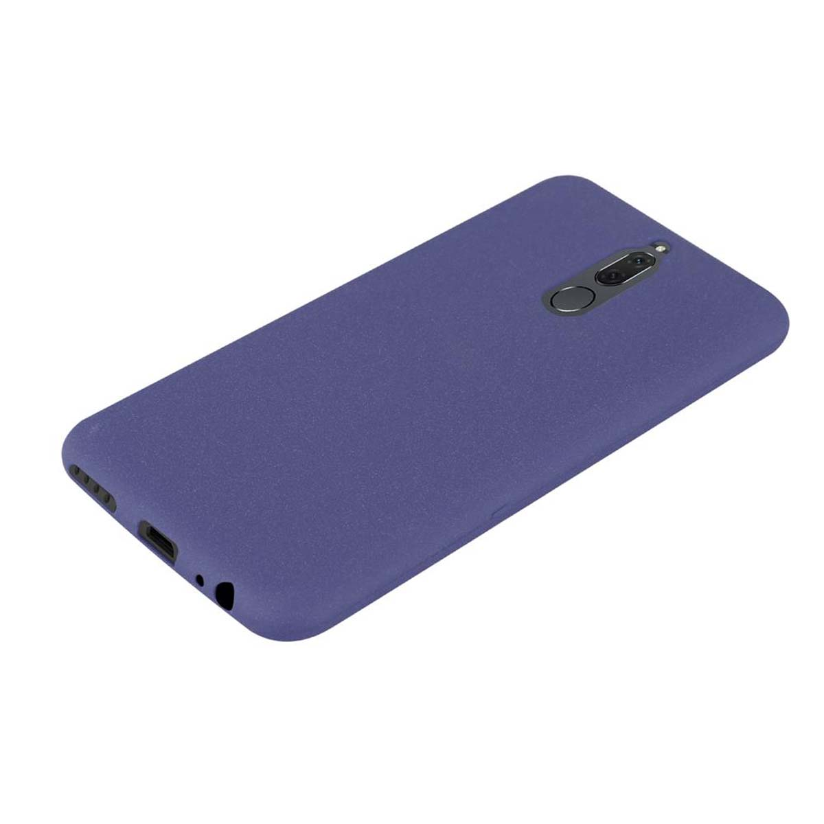 Custodia per telefono viola con dettagli della fotocamera e della porta. Sfondo bianco. Vista angolata.